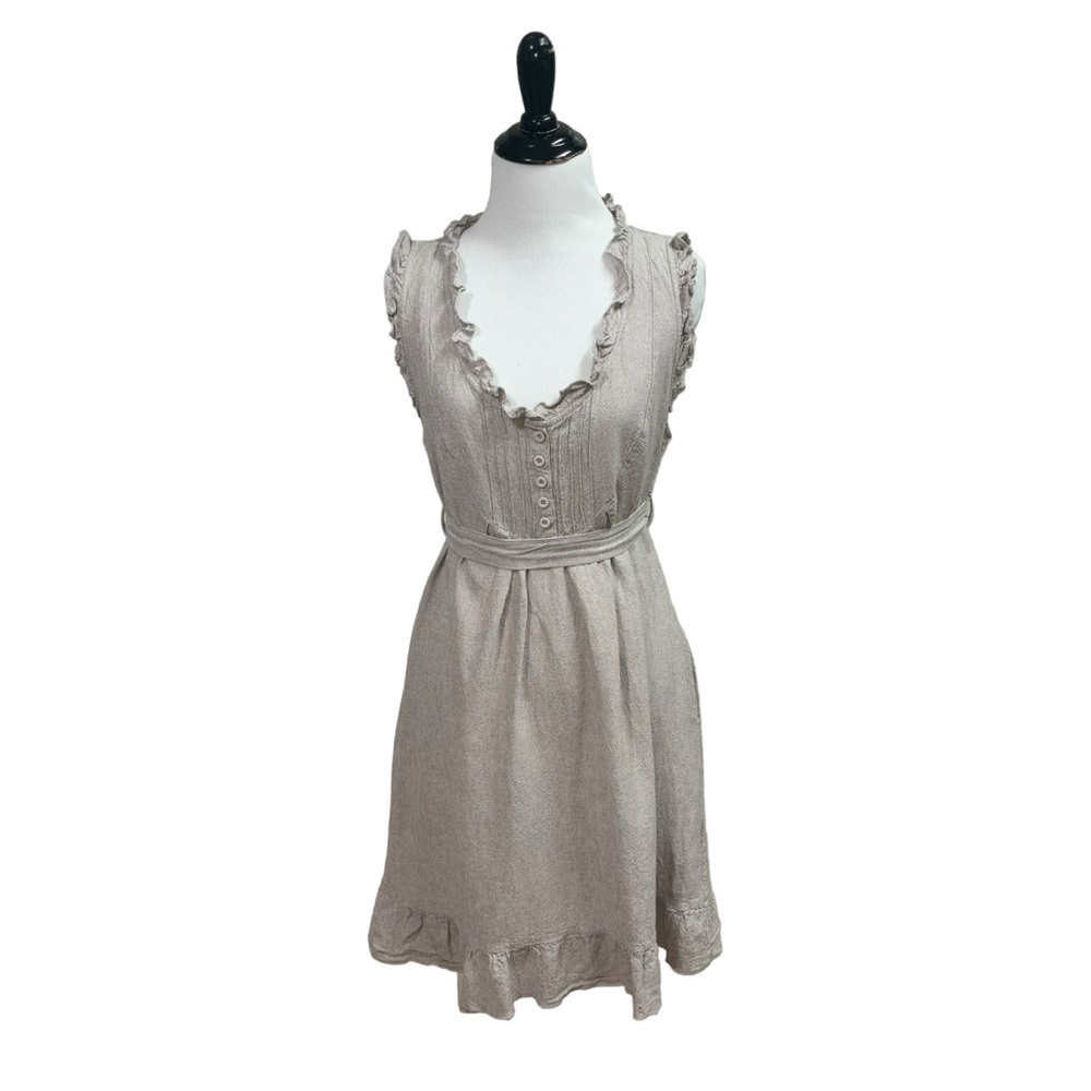 Love Stitch Women's L Large Sheath Dress Linen Blend Ruffle Collar Belted Tan